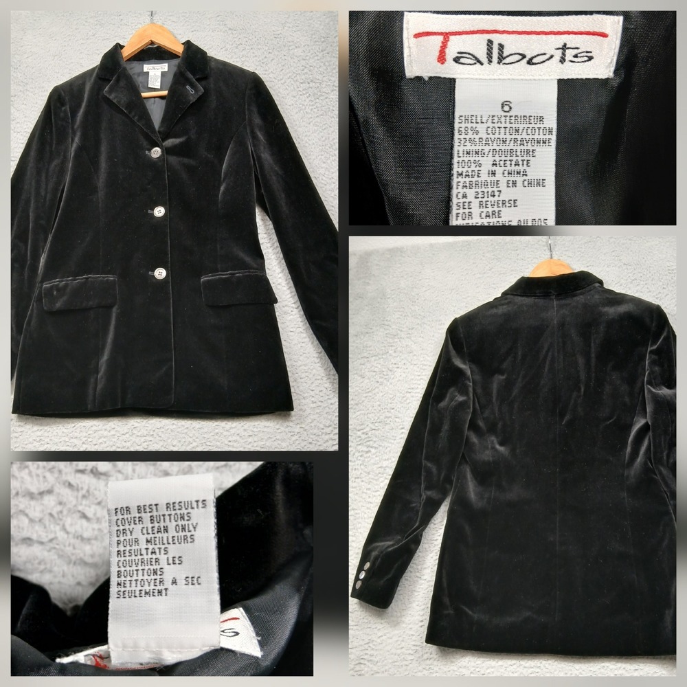 Talbots Black Velvet Blazer Women's 6‎ One Button Jacket Classic Evening